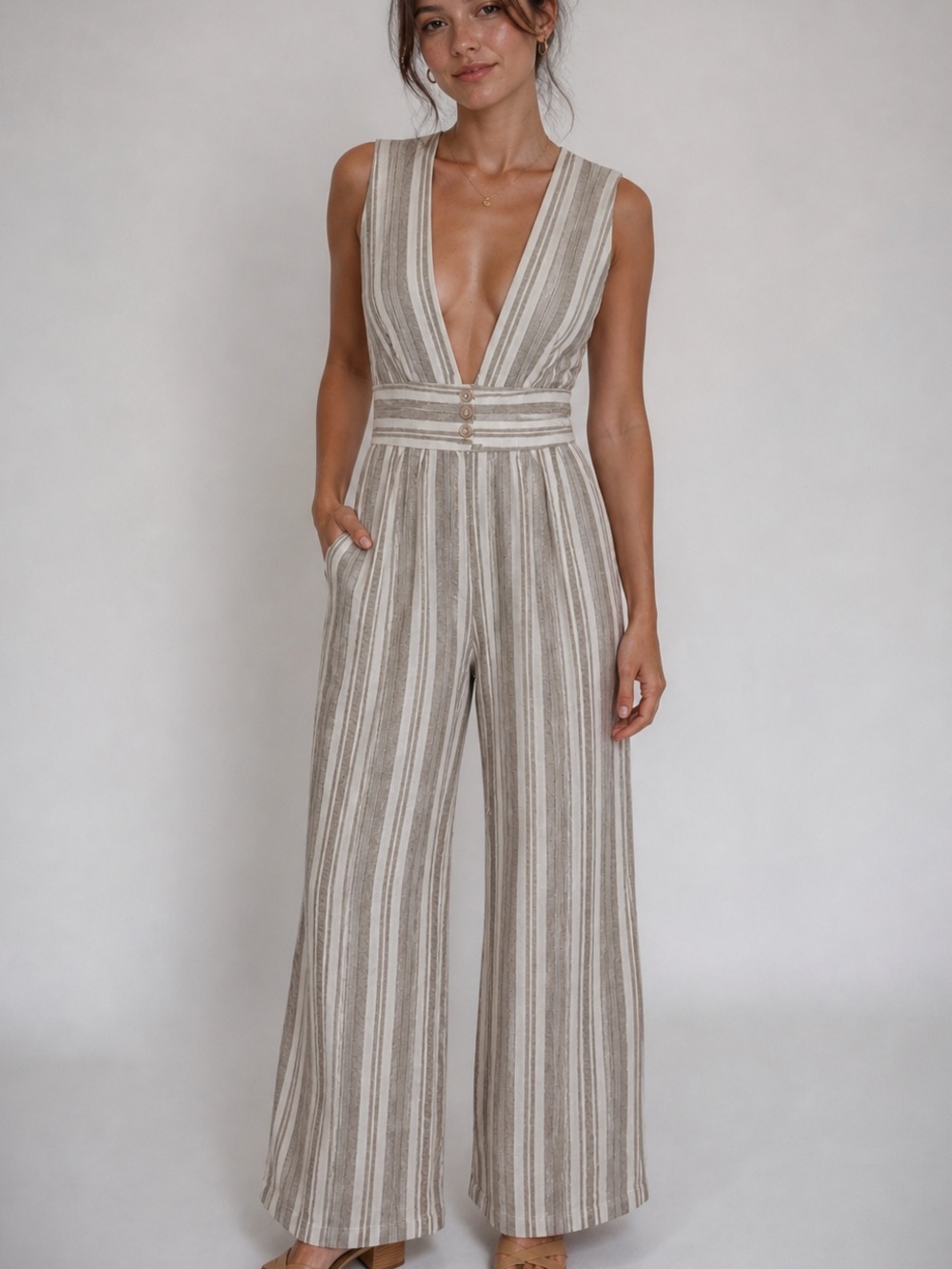 LoveRiche Striped Wide Leg Jumpsuit Plunge Cotton Boho Size S